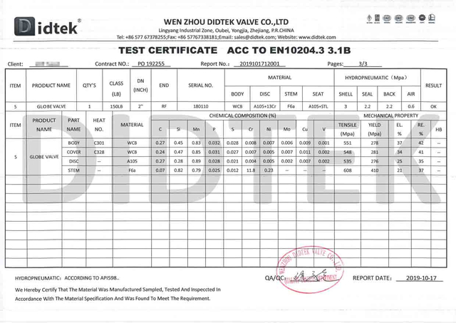 Globe Valve Test Certificate Acc To EN10204.3 3